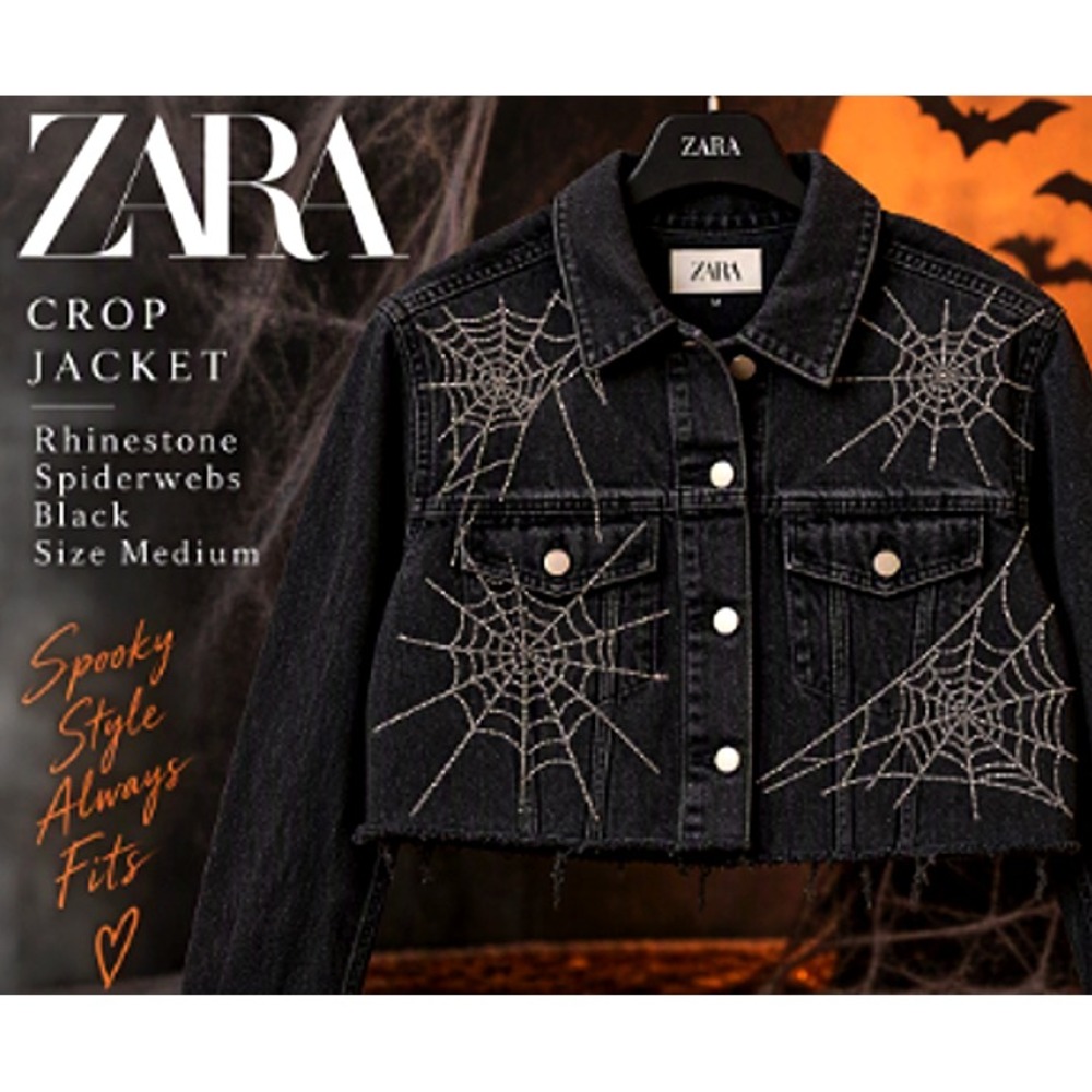 Zara Rhinestone Cobweb Black Cropped Denim Jacket Raw Edge Spiderweb Halloween